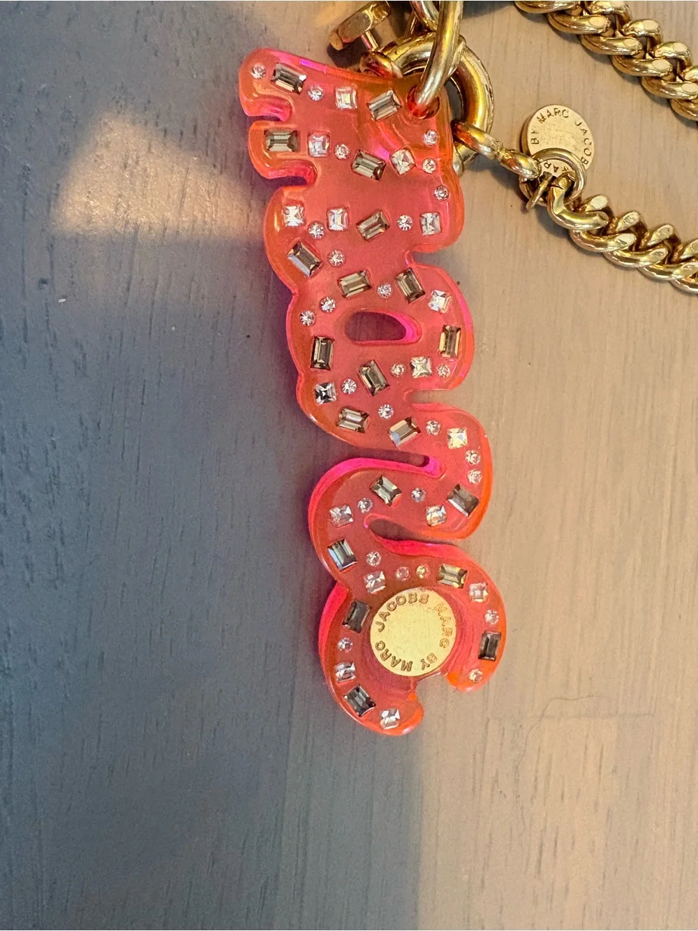 Marc By Marc Jacobs Neon Pink Logo Crystal Keychain with Gold Hardware